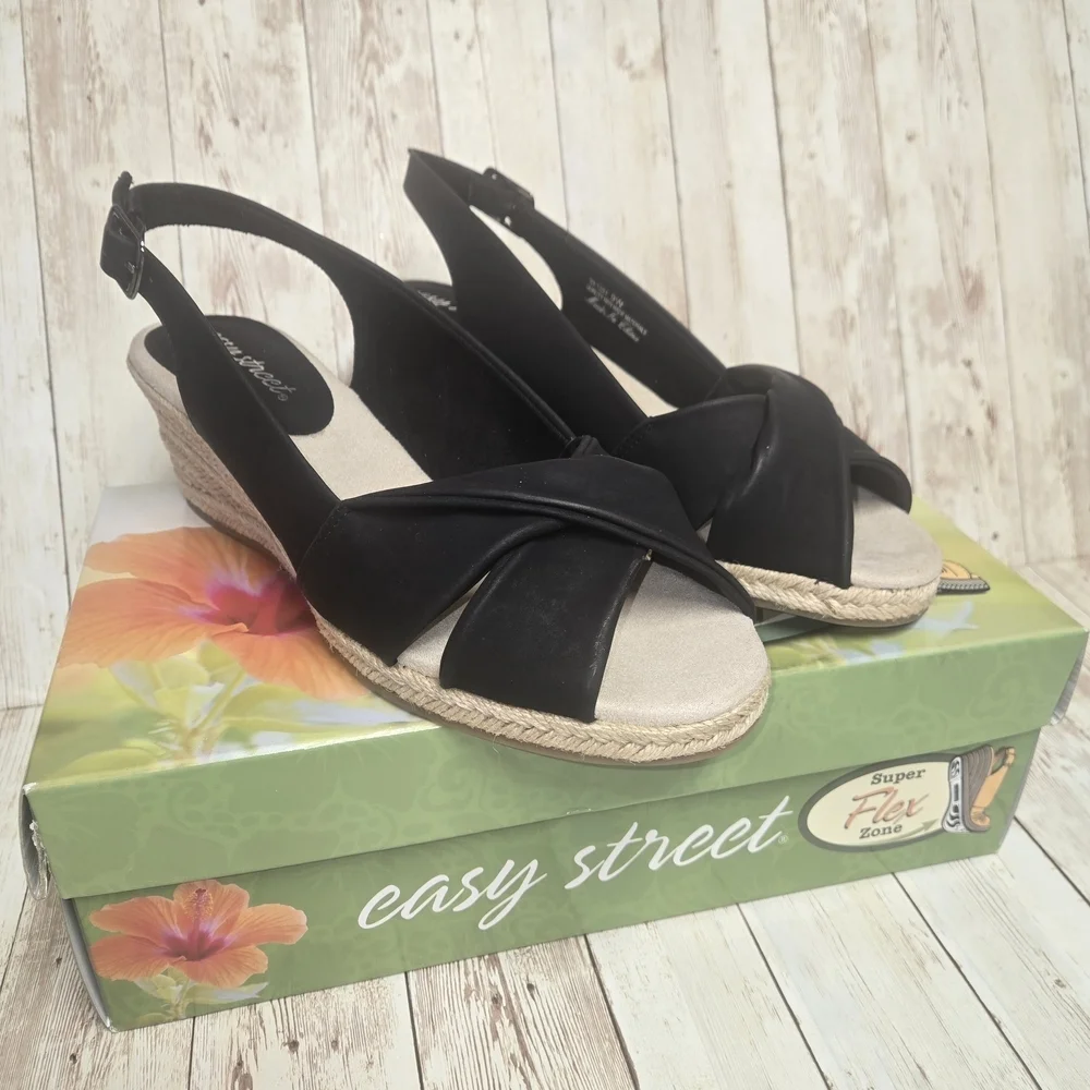 Easy Street Maureen Wedge Sandals Women’s 9W Black Superflex Zone New in Box